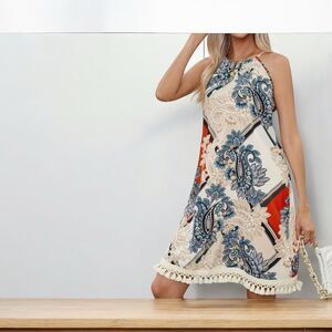 Paisley Print Boho Halter Tassel Dress By Skue Size Large Summer Travel Vacation